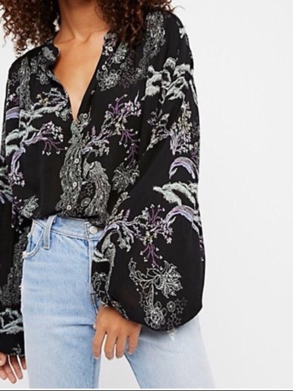 Free People Black Floral Print Button-Up Blouse